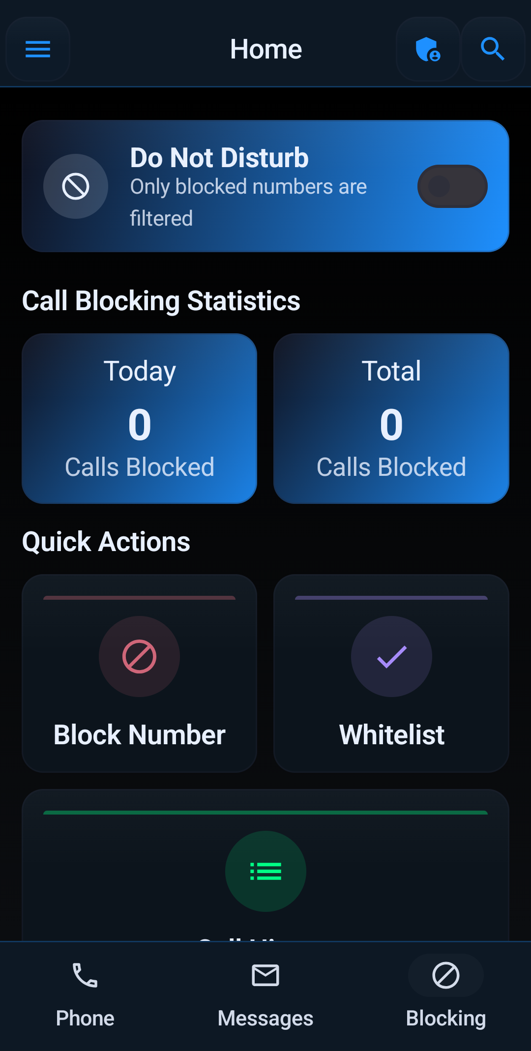 Block Guard: Spam Call Blocker Android dashboard with protection status and blocked-call statistics